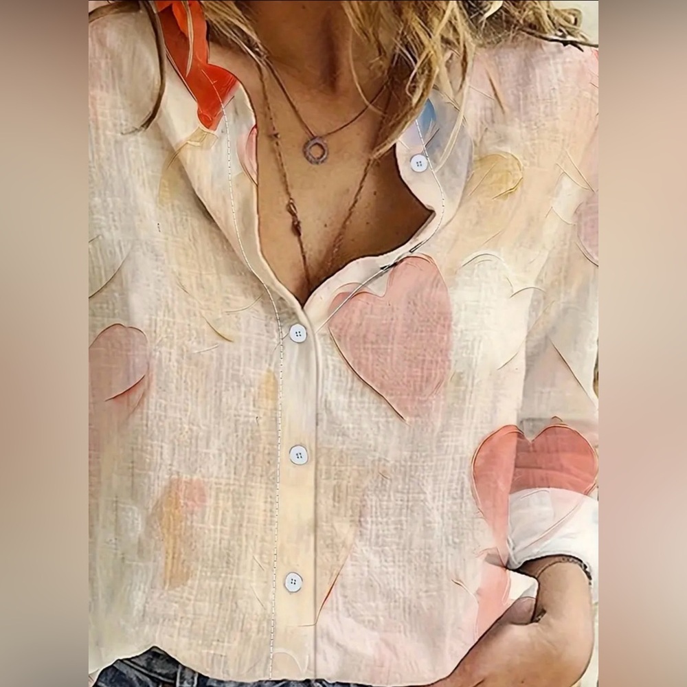 Heart Print Button-Up Shirt NEW Size XL